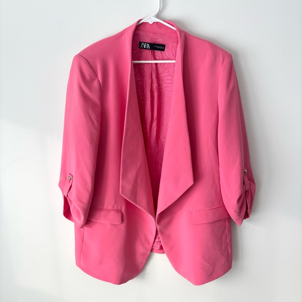 Zara Hot Pink Open Front Blazer Rolled Sleeves Professional Business Feminine